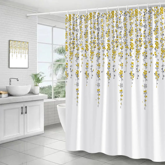 Gold Grey Floral Fabric Shower Curtains