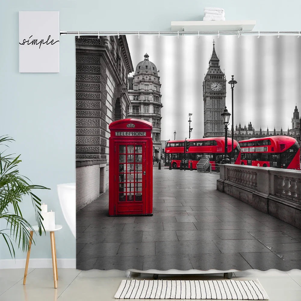 Red Bus Phone Booth Shower Curtain Retro London Street Architecture Big Ben Pattern Modern Fabric Bathroom Decor Curtains Hooks