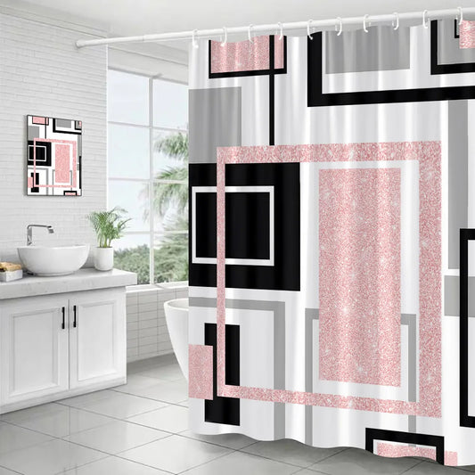 Pink Black Grey Geometric  Fabric Shower Curtain