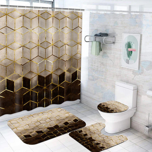 4PCS Brown Honeycomb Gradient Shower Curtain Set