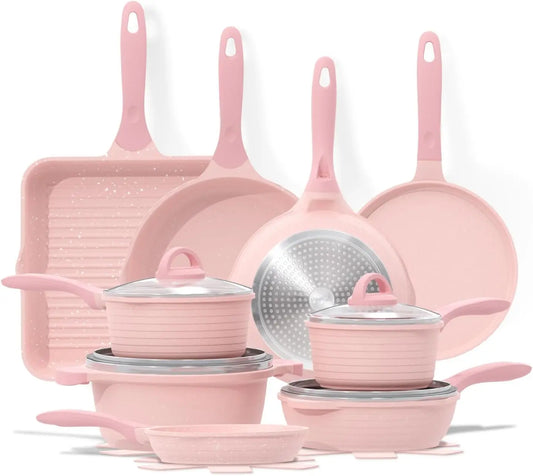 Pink Pots and Pans Set Nonstick 23pcs, Healthy Kitchen Cookware Sets, Induction Cooking Set Pink Granite Stone Frying Pan