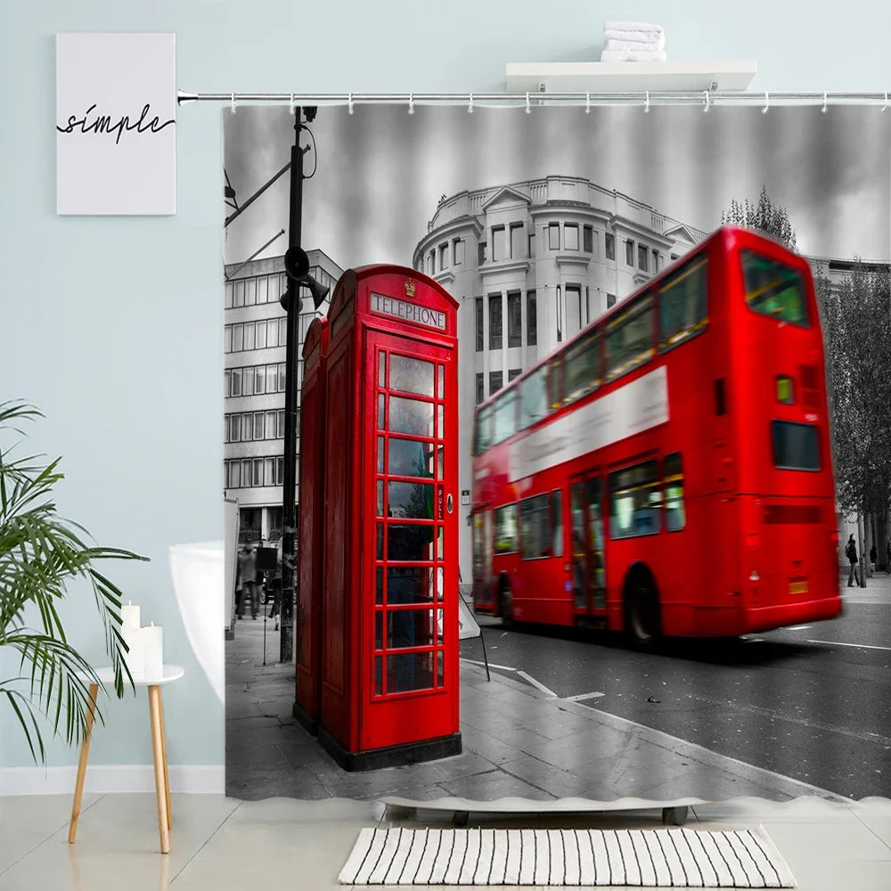 Red Bus Phone Booth Shower Curtain Retro London Street Architecture Big Ben Pattern Modern Fabric Bathroom Decor Curtains Hooks