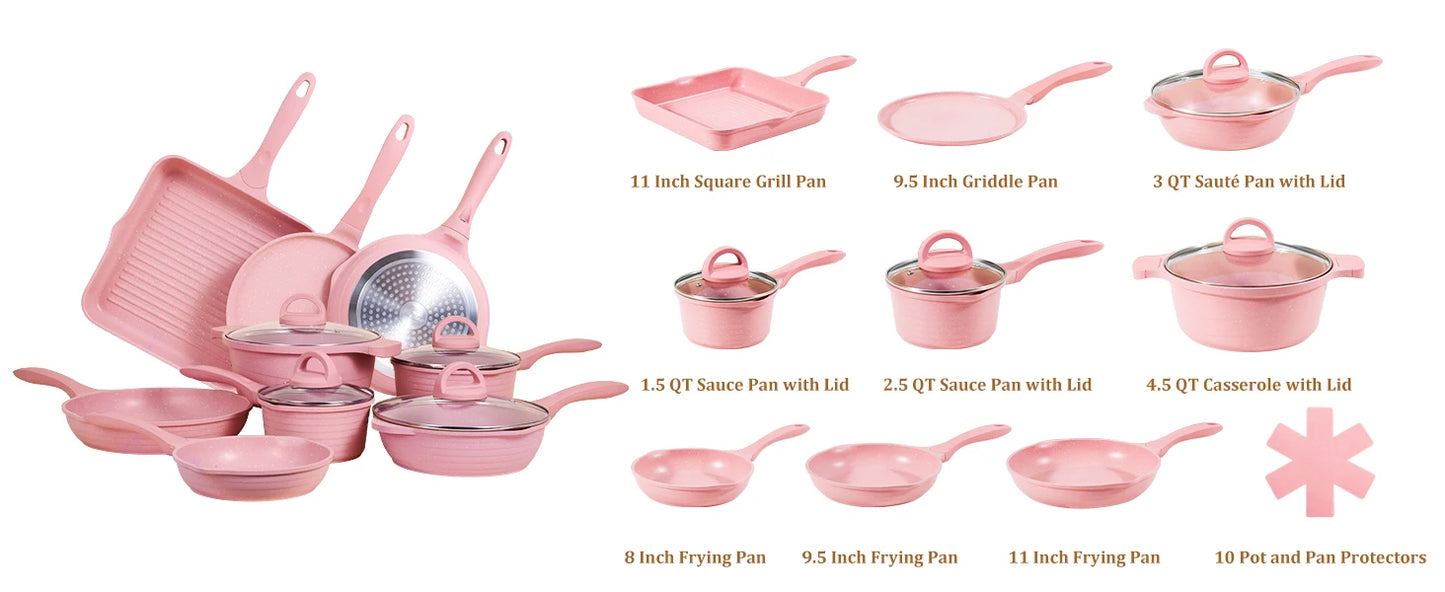 Pink Pots and Pans Set Nonstick 23pcs, Healthy Kitchen Cookware Sets, Induction Cooking Set Pink Granite Stone Frying Pan