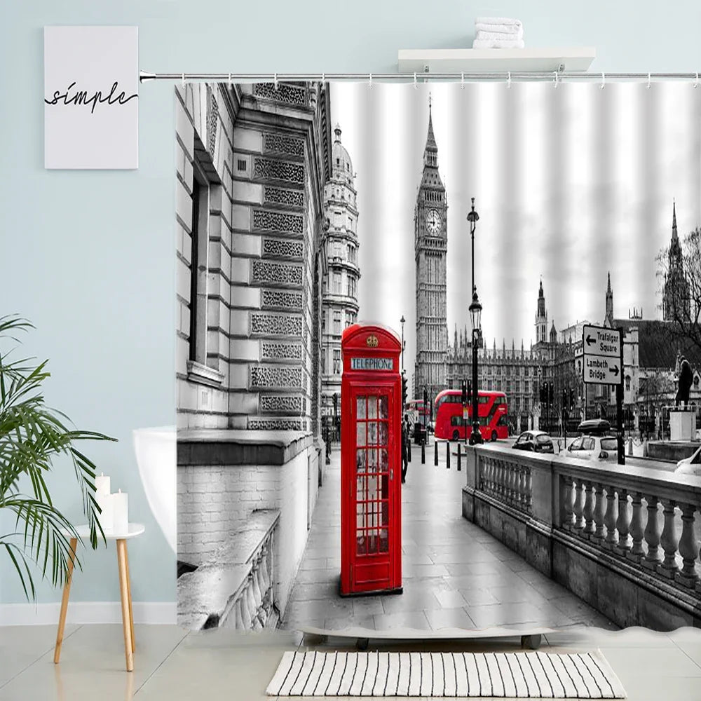 Red Bus Phone Booth Shower Curtain Retro London Street Architecture Big Ben Pattern Modern Fabric Bathroom Decor Curtains Hooks